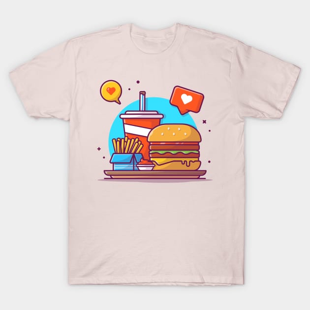 Burger, Soft Drink, French Fries, And Sauce With Love Bubble Speech Cartoon T-Shirt by Catalyst Labs